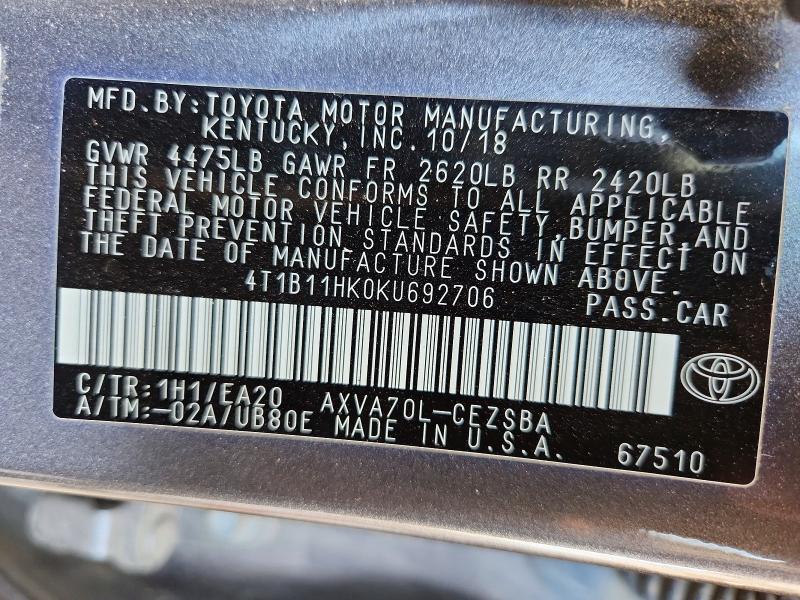 56271206 :رقم المزاد ، 4T1B11HK0KU692706 vin ، 2019 Toyota Camry مزاد بيع