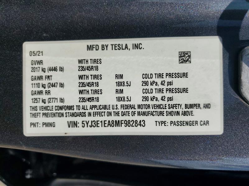 Aukcja sprzedaży 2021 Tesla Model 3, vin: 5YJ3E1EA8MF982843, numer aukcji: 52273606