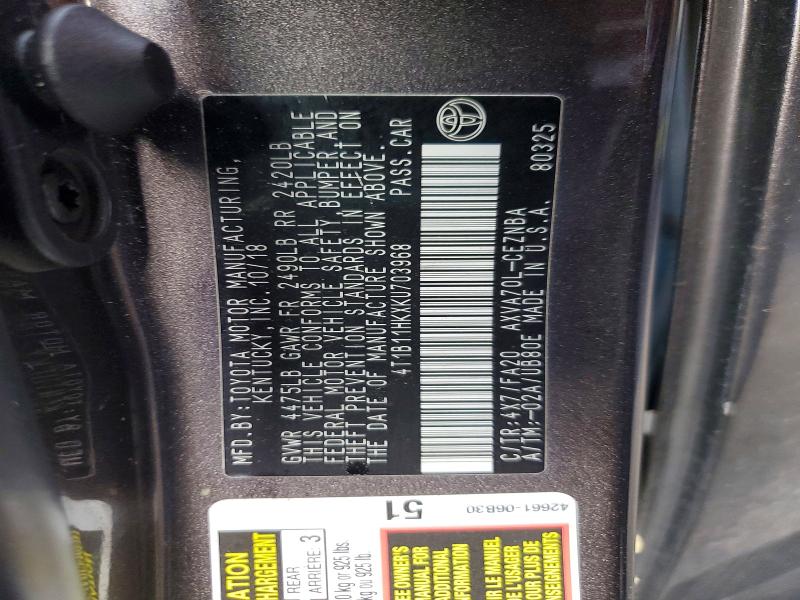 58117246 :رقم المزاد ، 4T1B11HKXKU703968 vin ، 2019 Toyota Camry مزاد بيع