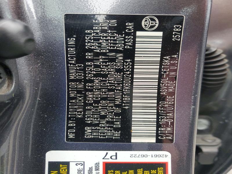 Продаж на аукціоні авто 2013 Toyota Camry, vin: 4T1BF1FK6DU243554, номер лоту: 57851076