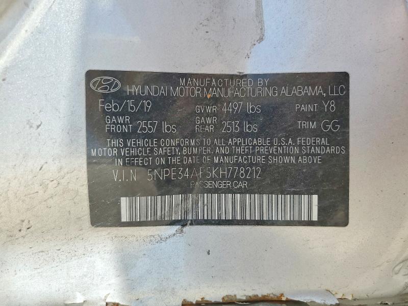 54660206 :رقم المزاد ، 5NPE34AF5KH778212 vin ، 2019 Hyundai Sonata مزاد بيع