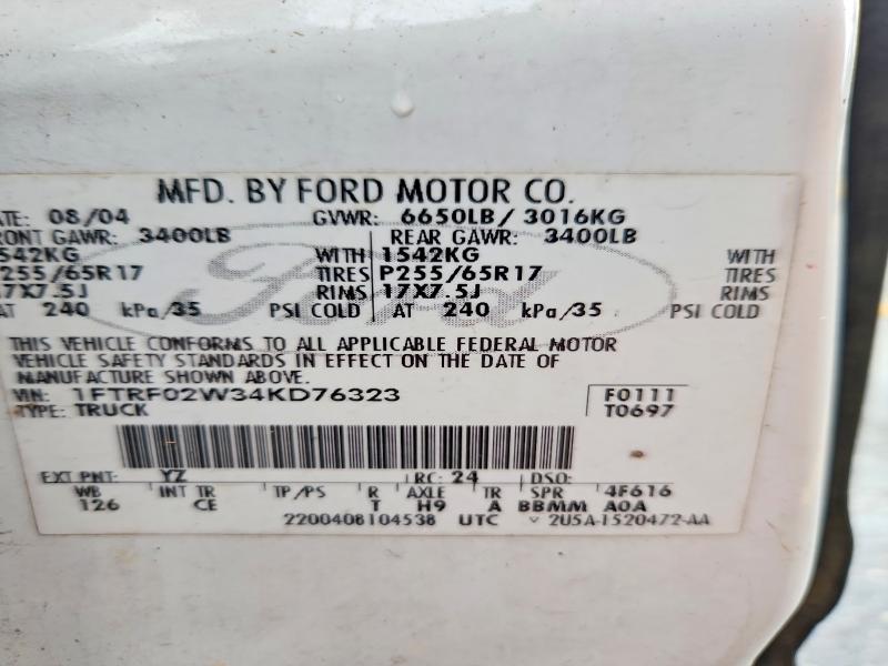56950156 :رقم المزاد ، 1FTRF02W34KD76323 vin ، 2004 Ford F150 مزاد بيع
