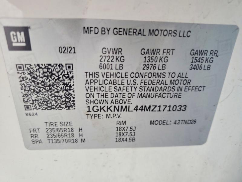 Aukcja sprzedaży 2021 Gmc Acadia, vin: 1GKKNML44MZ171033, numer aukcji: 58912206