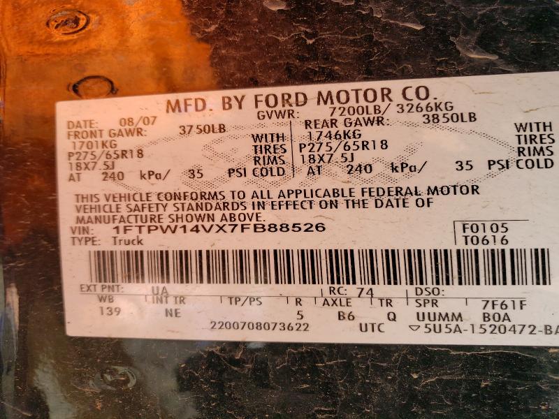 55758916 :رقم المزاد ، 1FTPW14VX7FB88526 vin ، 2007 Ford F150 مزاد بيع