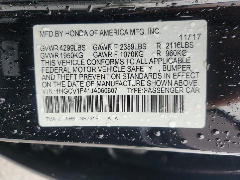 Продаж на аукціоні авто 2018 Honda Accord, vin: 1HGCV1F41JA060607, номер лоту: 57356326