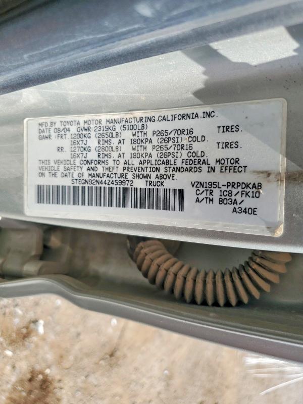 58474866 :رقم المزاد ، 5TEGN92N44Z459972 vin ، 2004 Toyota Tacoma مزاد بيع