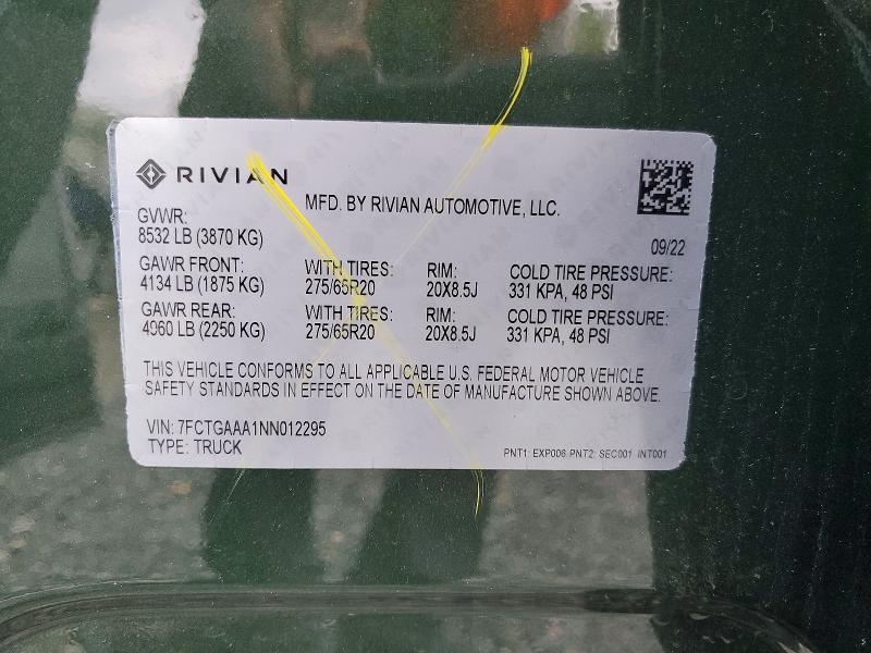 Aukcja sprzedaży 2022 Rivian R1t, vin: 7FCTGAAA1NN012295, numer aukcji: 56155666