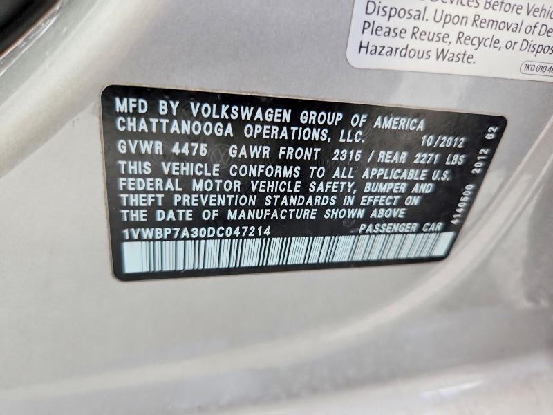 2013 Volkswagen Passat მანქანა იყიდება აუქციონზე, vin: 1VWBP7A30DC047214, აუქციონის ნომერი: 57594486