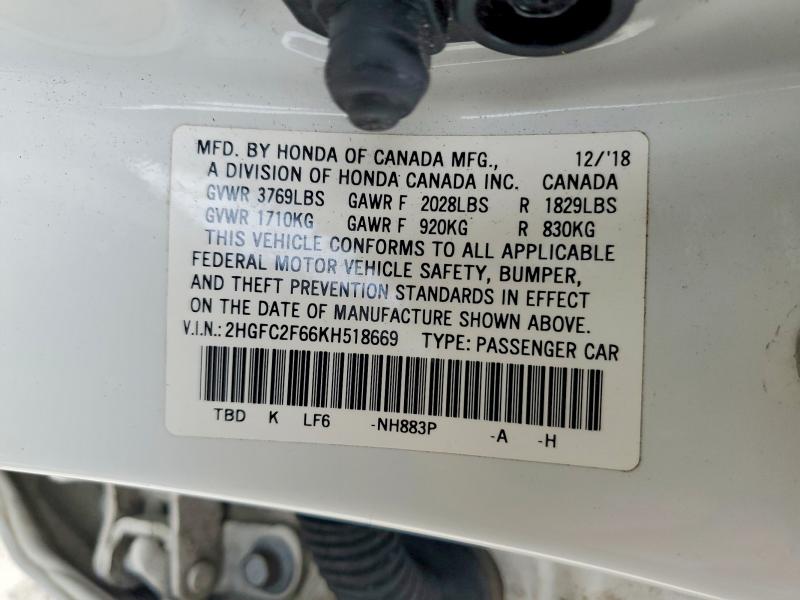 56580576 :رقم المزاد ، 2HGFC2F66KH518669 vin ، 2019 Honda Civic مزاد بيع