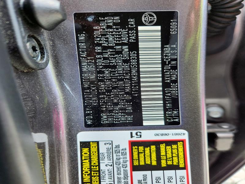 2021 Toyota Camry მანქანა იყიდება აუქციონზე, vin: 4T1C11AK8MU588305, აუქციონის ნომერი: 58900976