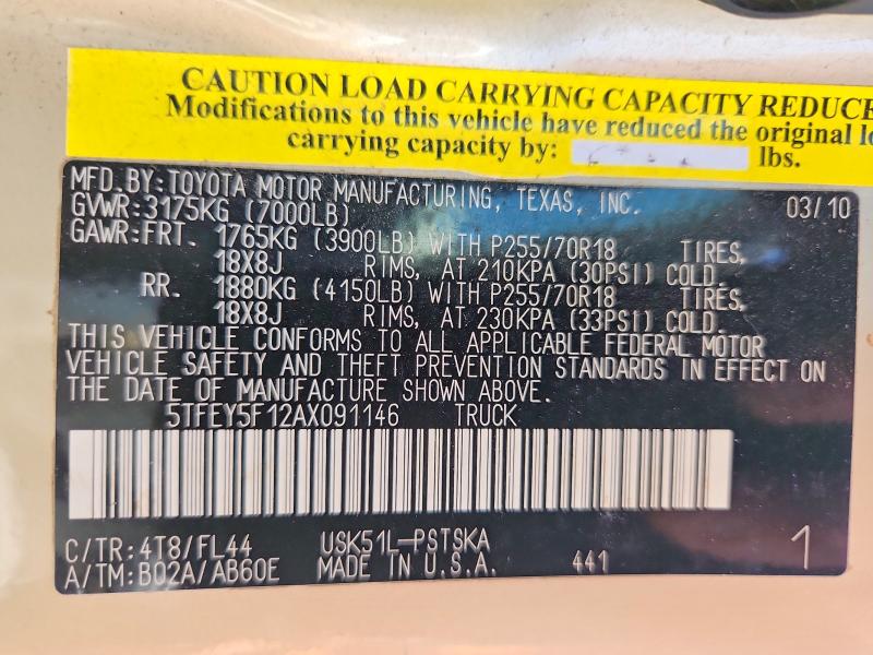 57880556 :رقم المزاد ، 5TFEY5F12AX091146 vin ، 2010 Toyota Tundra مزاد بيع