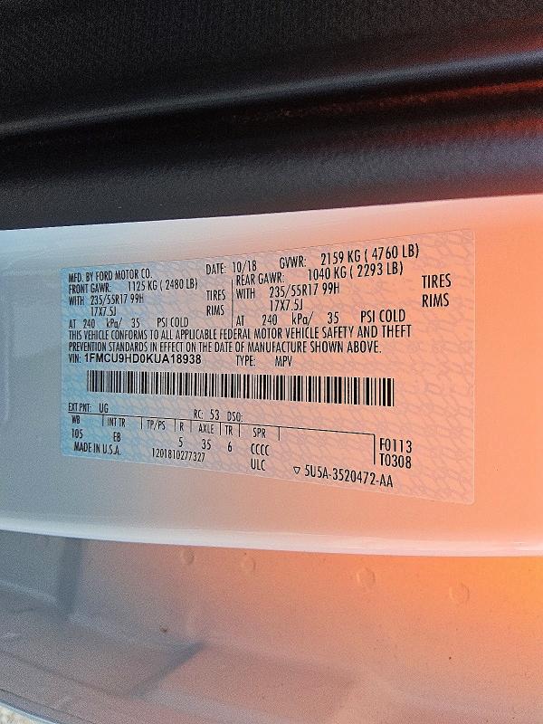 55707376 :رقم المزاد ، 1FMCU9HD0KUA18938 vin ، 2019 Ford Escape مزاد بيع