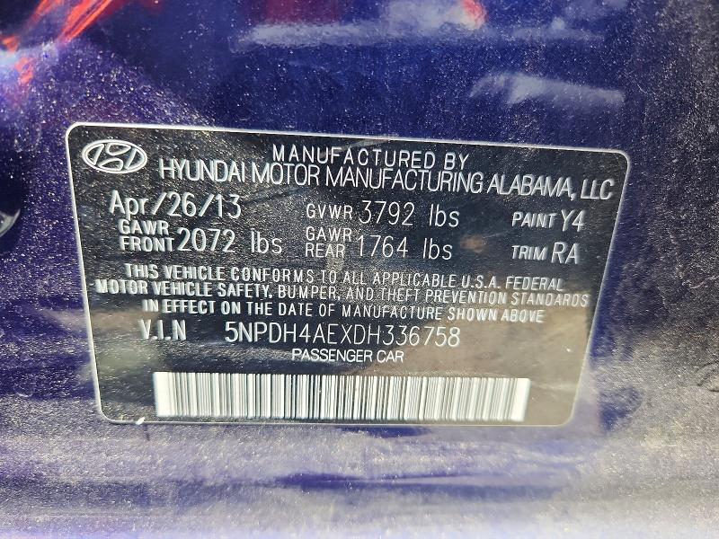 2013 Hyundai Elantra მანქანა იყიდება აუქციონზე, vin: 5NPDH4AEXDH336758, აუქციონის ნომერი: 55449996