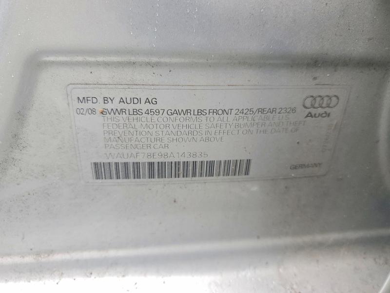 Продаж на аукціоні авто 2008 Audi A4, vin: WAUAF78E98A143835, номер лоту: 55784696