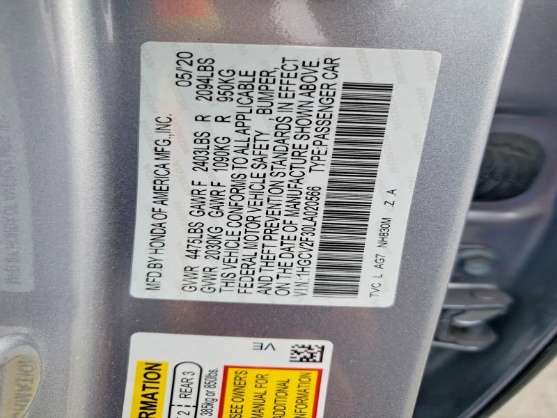 Продаж на аукціоні авто 2020 Honda Accord, vin: 1HGCV2F30LA020566, номер лоту: 55426396