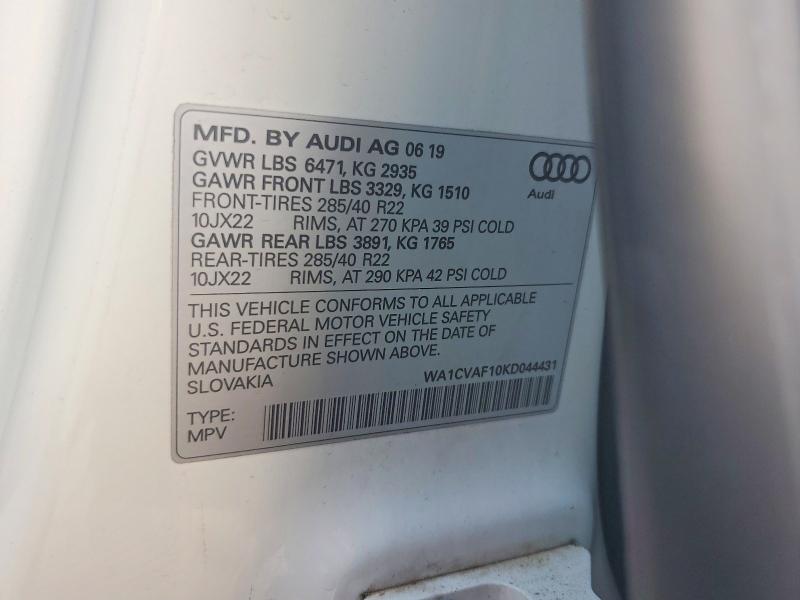 2019 Audi Q8 მანქანა იყიდება აუქციონზე, vin: WA1CVAF10KD044431, აუქციონის ნომერი: 56649056