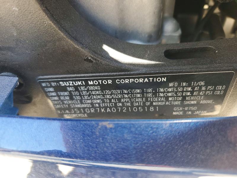 Aukcja sprzedaży 2007 Suzuki Gsx-r750, vin: JS1GR7KA072105181, numer aukcji: 56748306