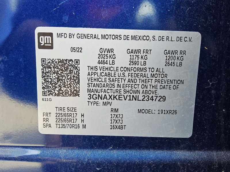 Продаж на аукціоні авто 2022 Chevrolet Equinox, vin: 3GNAXKEV1NL234729, номер лоту: 58885076