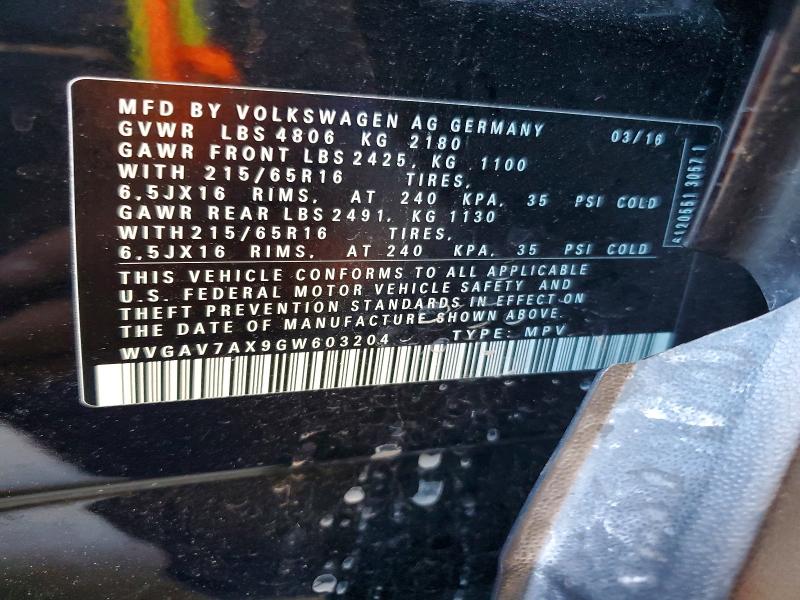 2016 Volkswagen Tiguan მანქანა იყიდება აუქციონზე, vin: WVGAV7AX9GW603204, აუქციონის ნომერი: 56307966