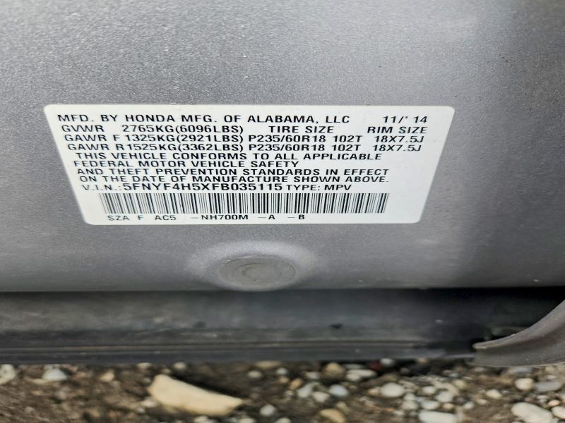 57269156 :رقم المزاد ، 5FNYF4H5XFB035115 vin ، 2015 Honda Pilot مزاد بيع