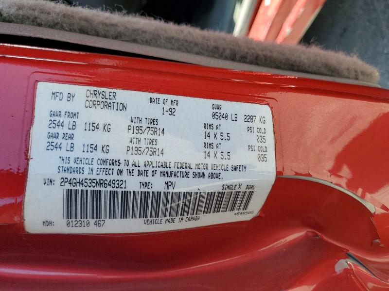 59184396 :رقم المزاد ، 2P4GH4535NR649321 vin ، 1992 Plymouth Voyager مزاد بيع