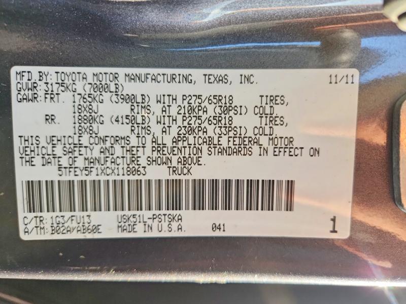 56274436 :رقم المزاد ، 5TFEY5F1XCX118063 vin ، 2012 Toyota Tundra مزاد بيع