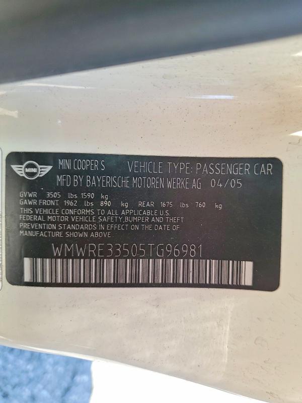 Продажа на аукционе авто 2005 Mini Cooper, vin: WMWRE33505TG96981, номер лота: 58108146