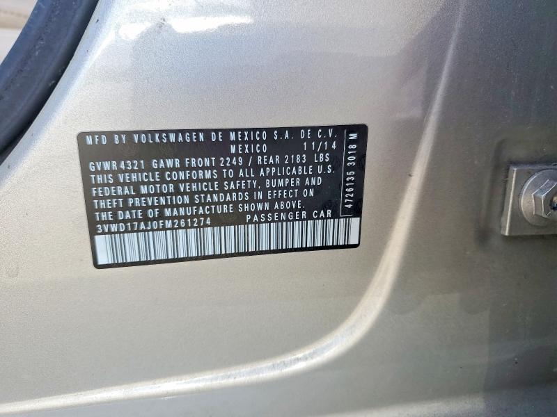 2015 Volkswagen Jetta მანქანა იყიდება აუქციონზე, vin: 3VWD17AJ0FM261274, აუქციონის ნომერი: 56164746