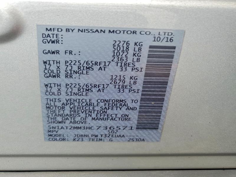 59145636 :رقم المزاد ، 5N1AT2MM3HC736571 vin ، 2017 Nissan Rogue مزاد بيع