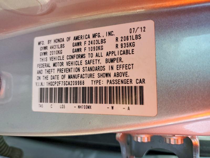 Продаж на аукціоні авто 2012 Honda Accord, vin: 1HGCP2F75CA209968, номер лоту: 58598576