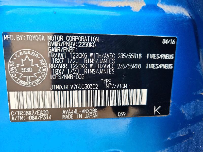 Aukcja sprzedaży 2016 Toyota Rav4 Hv, vin: JTMDJREV7GD030302, numer aukcji: 57872196