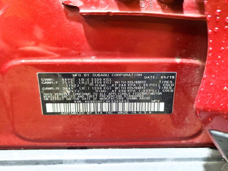 2019 Subaru Outback მანქანა იყიდება აუქციონზე, vin: 4S4BSAFC4K3365692, აუქციონის ნომერი: 54645616