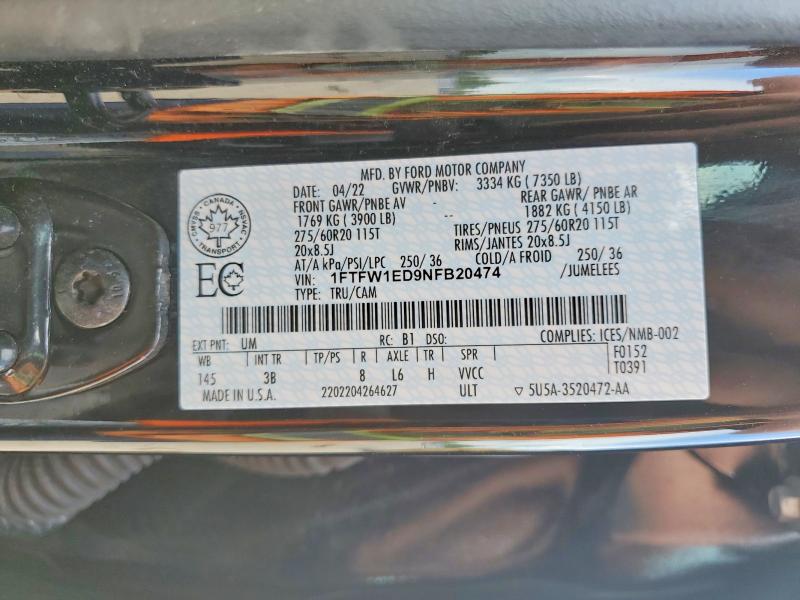 58097606 :رقم المزاد ، 1FTFW1ED9NFB20474 vin ، 2022 Ford F150 مزاد بيع