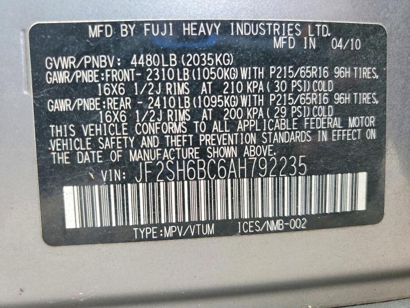 Aukcja sprzedaży 2010 Subaru Forester, vin: JF2SH6BC6AH792235, numer aukcji: 57922256