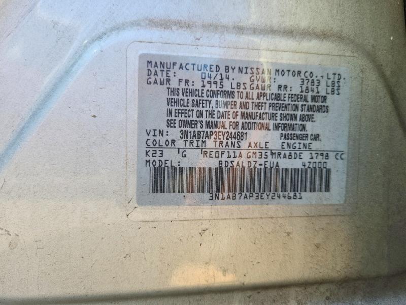 2014 Nissan Sentra მანქანა იყიდება აუქციონზე, vin: 3N1AB7AP3EY244681, აუქციონის ნომერი: 56413046