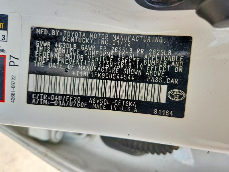 2012 Toyota Camry მანქანა იყიდება აუქციონზე, vin: 4T1BF1FK9CU544544, აუქციონის ნომერი: 55812366