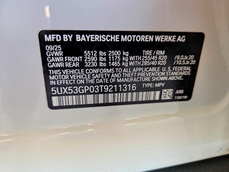 Aukcja sprzedaży 2026 Bmw X3, vin: 5UX53GP03T9211316, numer aukcji: 55874446