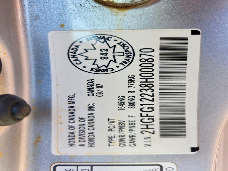 2008 Honda Civic მანქანა იყიდება აუქციონზე, vin: 2HGFG12238H000870, აუქციონის ნომერი: 55143066