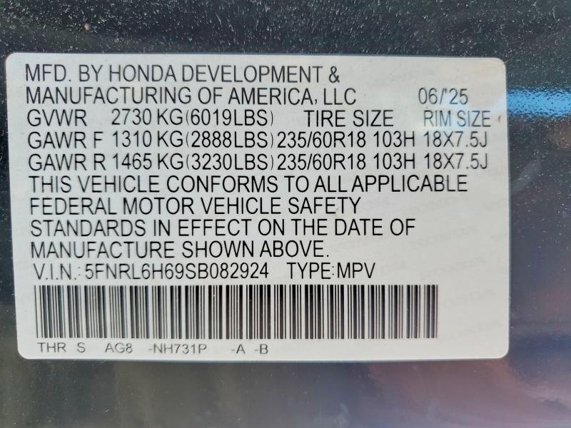 58242896 :رقم المزاد ، 5FNRL6H69SB082924 vin ، 2025 Honda Odyssey مزاد بيع