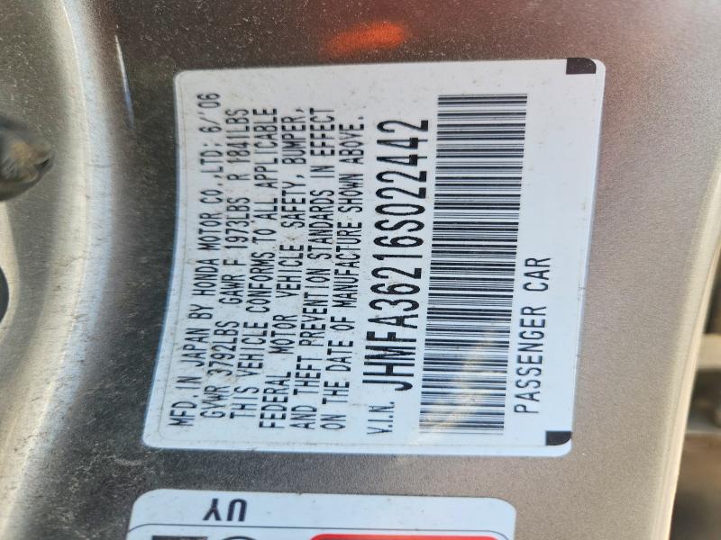 58197446 :رقم المزاد ، JHMFA36216S022442 vin ، 2006 Honda Civic مزاد بيع