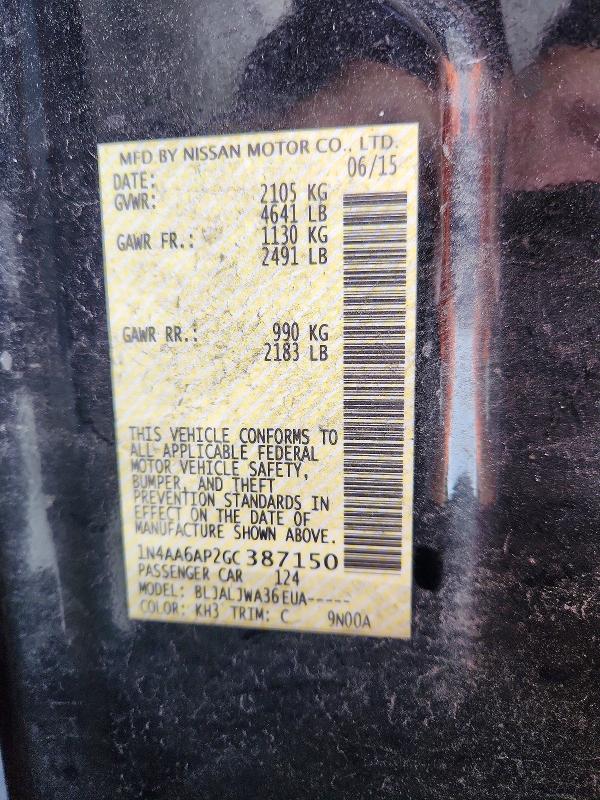 57329456 :رقم المزاد ، 1N4AA6AP2GC387150 vin ، 2016 Nissan Maxima مزاد بيع