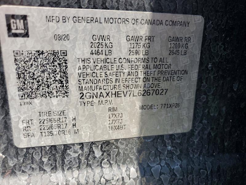 56590056 :رقم المزاد ، 2GNAXHEV7L6267027 vin ، 2020 Chevrolet Equinox مزاد بيع