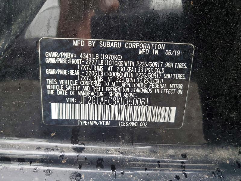 2019 Subaru Crosstrek მანქანა იყიდება აუქციონზე, vin: JF2GTAEC8KH350061, აუქციონის ნომერი: 58019876