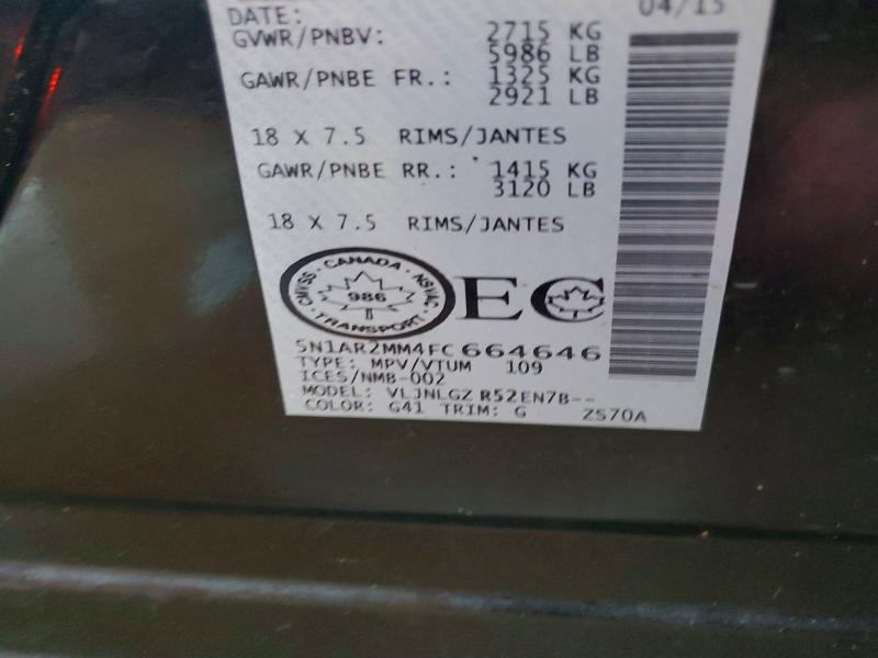 58996596 :رقم المزاد ، 5N1AR2MM4FC664646 vin ، 2015 Nissan Pathfinder مزاد بيع