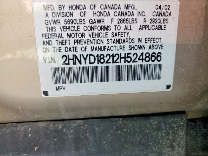 57223446 :رقم المزاد ، 2HNYD18212H524866 vin ، 2002 Acura Mdx مزاد بيع