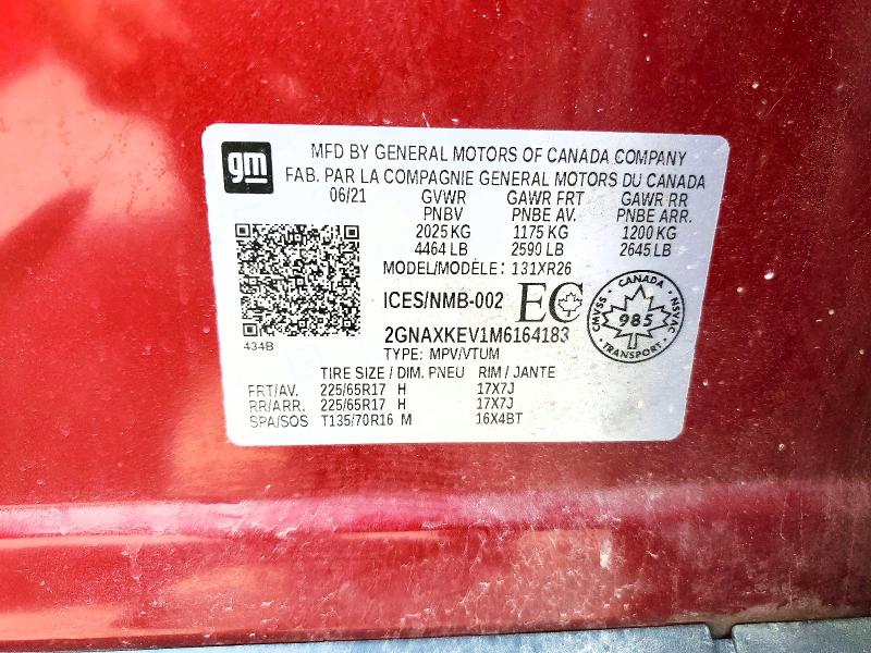 2021 Chevrolet Equinox მანქანა იყიდება აუქციონზე, vin: 2GNAXKEV1M6164183, აუქციონის ნომერი: 56675796