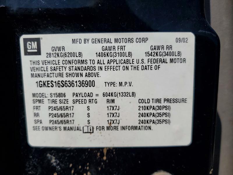 Aukcja sprzedaży 2003 Gmc Envoy, vin: 1GKES16S636136900, numer aukcji: 55404136