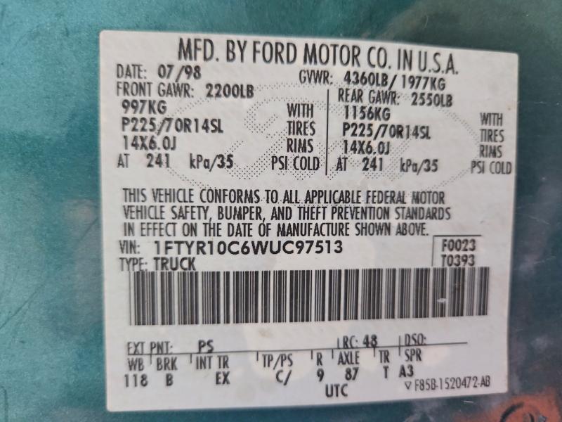 1998 Ford Ranger მანქანა იყიდება აუქციონზე, vin: 1FTYR10C6WUC97513, აუქციონის ნომერი: 55834266