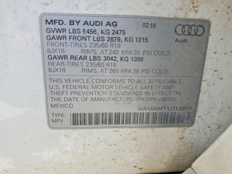 Продажа на аукционе авто 2018 Audi Q5, vin: WA1ANAFY1J2136839, номер лота: 59581516