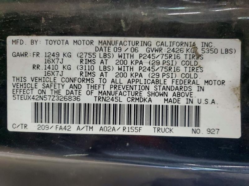 2007 Toyota Tacoma მანქანა იყიდება აუქციონზე, vin: 5TEUX42N57Z326836, აუქციონის ნომერი: 56588406